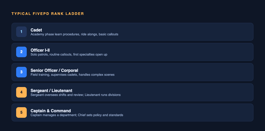 Typical FivePD rank ladder from cadet through officer ranks to sergeant, lieutenant, captain and chief